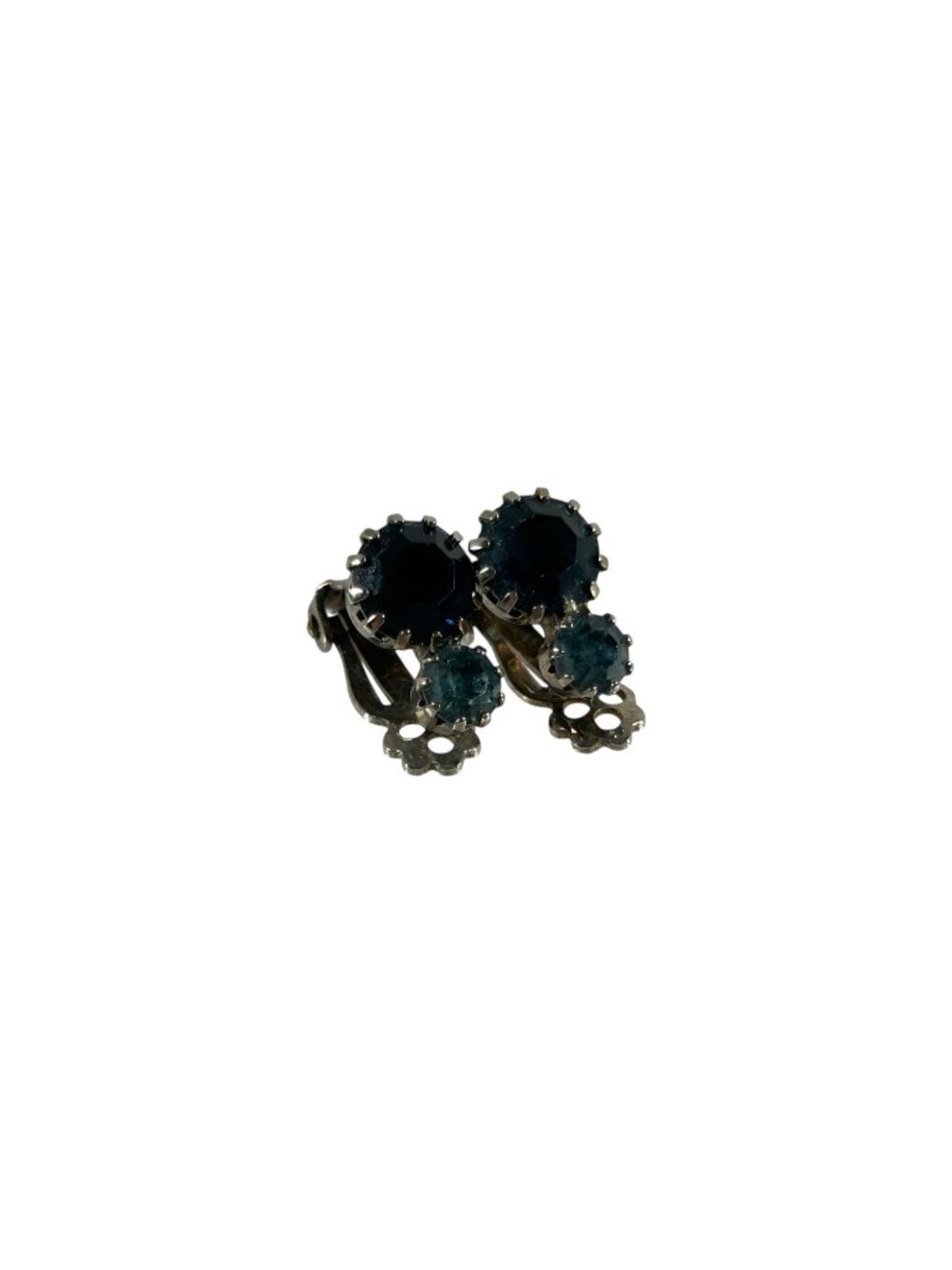 Vintage Two Tone Blue Rhinestone Clip On Earrings Silver Tone Sparkle